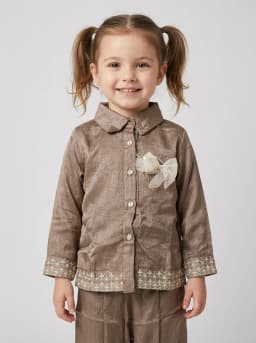 Girls Taupe Brown Embroidered Short Kurti and Pant Set with Bow Brooch