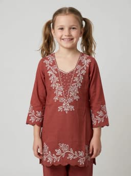 Girls Rust Red Embroidered Kurta and Pant Set