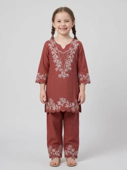 Girls Rust Red Embroidered Kurta and Pant Set