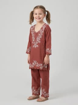 Girls Rust Red Embroidered Kurta and Pant Set