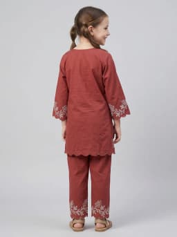 Girls Rust Red Embroidered Kurta and Pant Set