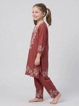 Girls Rust Red Embroidered Kurta and Pant Set