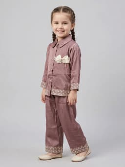Girls Dusty Mauve Embroidered Short Kurti and Pant Set