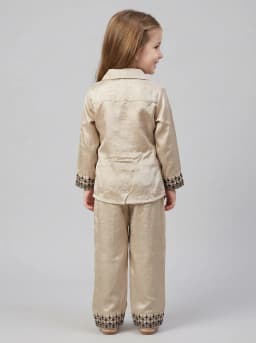 Girls Shimmering Beige Embroidered Short Kurti and Pant Set