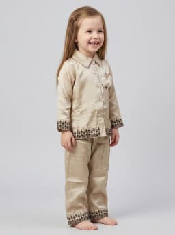 Girls Shimmering Beige Embroidered Short Kurti and Pant Set