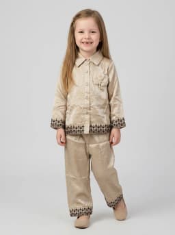 Girls Shimmering Beige Embroidered Short Kurti and Pant Set
