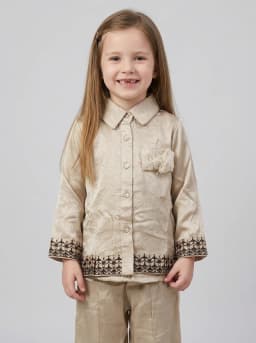 Girls Shimmering Beige Embroidered Short Kurti and Pant Set