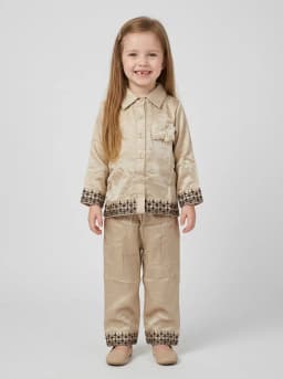 Girls Shimmering Beige Embroidered Short Kurti and Pant Set