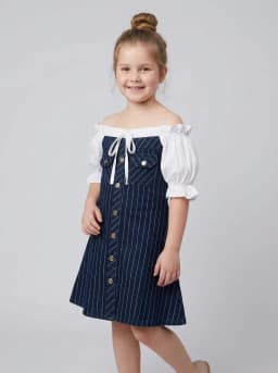 Girls Dark Blue Pinstripe Denim Dress with White Puff Sleeves