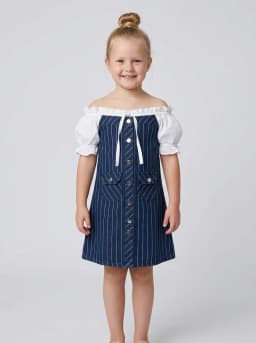 Girls Dark Blue Pinstripe Denim Dress with White Puff Sleeves