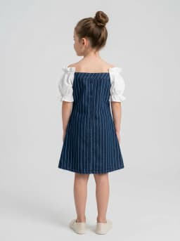 Girls Dark Blue Pinstripe Denim Dress with White Puff Sleeves