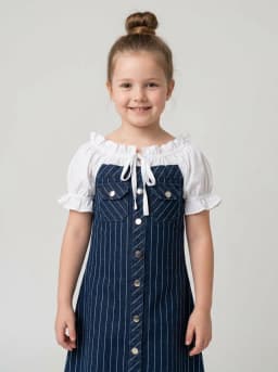 Girls Dark Blue Pinstripe Denim Dress with White Puff Sleeves