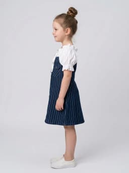 Girls Dark Blue Pinstripe Denim Dress with White Puff Sleeves