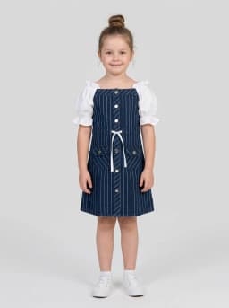 Girls Dark Blue Pinstripe Denim Dress with White Puff Sleeves