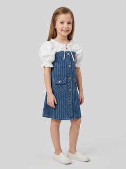 Girls Mid-Blue Washed Pinstripe Denim A-Line Dress with White Puff Sleeves
