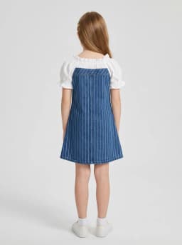 Girls Mid-Blue Washed Pinstripe Denim A-Line Dress with White Puff Sleeves