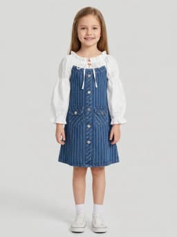 Girls Mid-Blue Washed Pinstripe Denim A-Line Dress with White Puff Sleeves