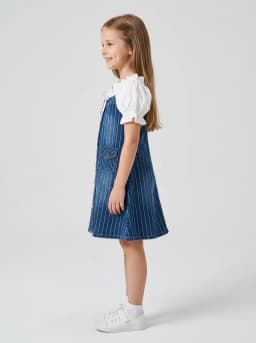 Girls Mid-Blue Washed Pinstripe Denim A-Line Dress with White Puff Sleeves