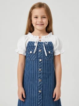 Girls Mid-Blue Washed Pinstripe Denim A-Line Dress with White Puff Sleeves