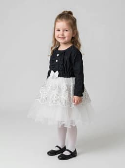 Girls Black Denim and White Embroidered Sequin Net Party Dress
