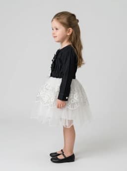 Girls Black Denim and White Embroidered Sequin Net Party Dress