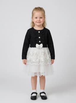 Girls Black Denim and White Embroidered Sequin Net Party Dress