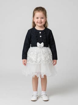 Girls Black Denim and White Embroidered Sequin Net Party Dress