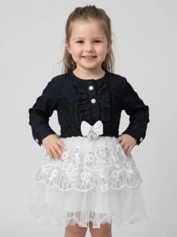 Girls Black Denim and White Embroidered Sequin Net Party Dress