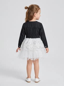 Girls Black Denim and White Embroidered Sequin Net Party Dress