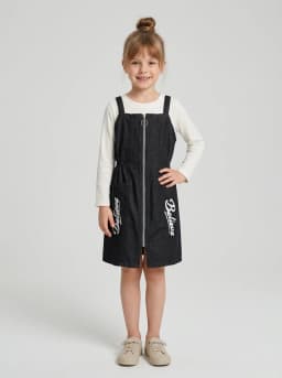 Girls Black Denim Pinafore Dress and Off-White Ribbed Top Set
