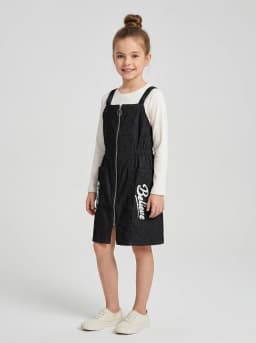 Girls Black Denim Pinafore Dress and Off-White Ribbed Top Set