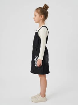 Girls Black Denim Pinafore Dress and Off-White Ribbed Top Set