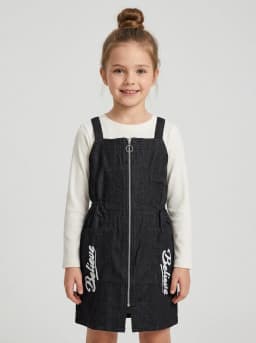 Girls Black Denim Pinafore Dress and Off-White Ribbed Top Set