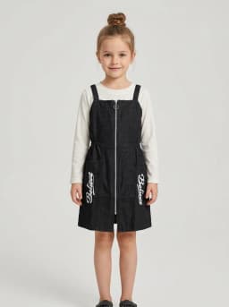 Girls Black Denim Pinafore Dress and Off-White Ribbed Top Set