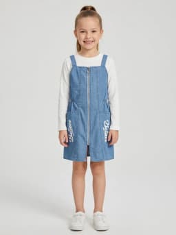 Girls Mid-Blue Washed Denim Pinafore Dress and White Ribbed Top Set