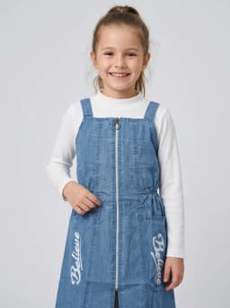 Girls Mid-Blue Washed Denim Pinafore Dress and White Ribbed Top Set