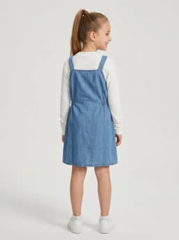 Girls Mid-Blue Washed Denim Pinafore Dress and White Ribbed Top Set