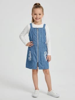 Girls Mid-Blue Washed Denim Pinafore Dress and White Ribbed Top Set