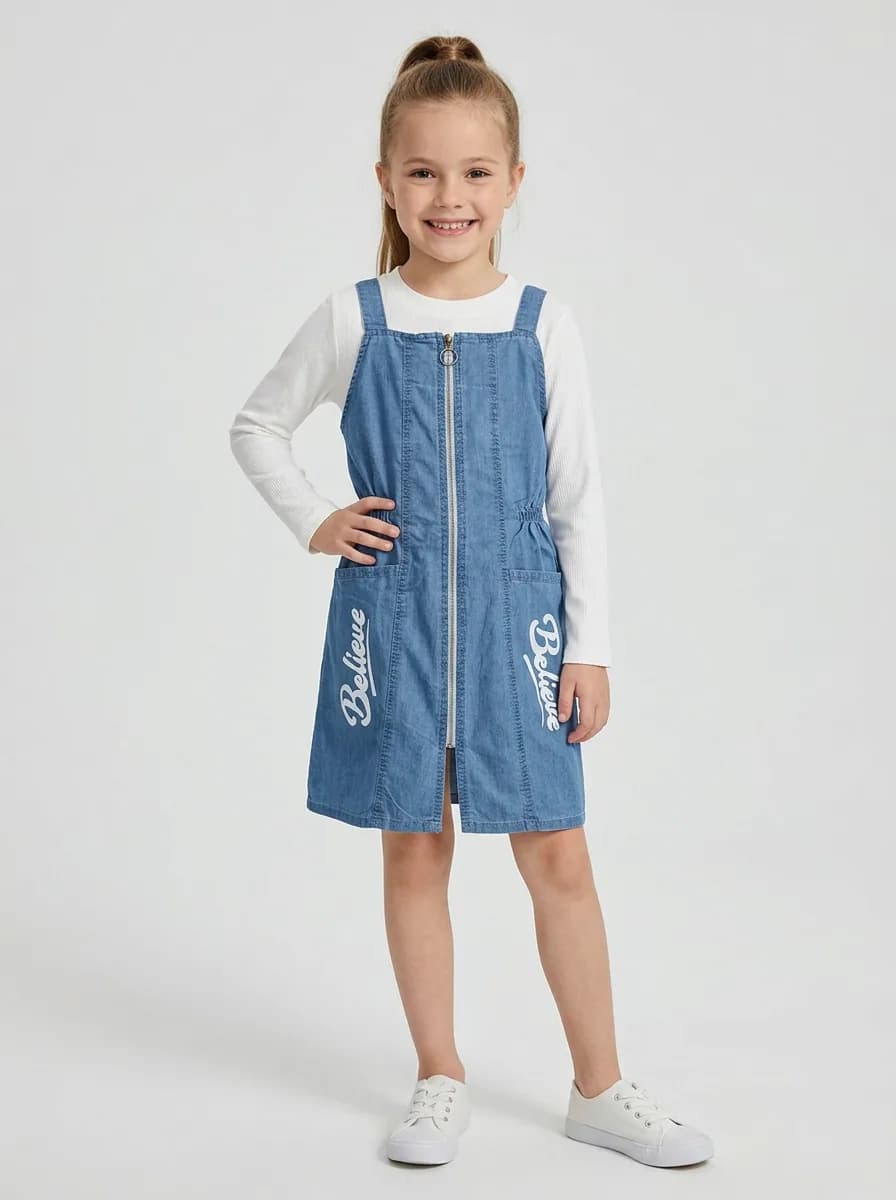 Girls Mid-Blue Washed Denim Pinafore Dress and White Ribbed Top Set