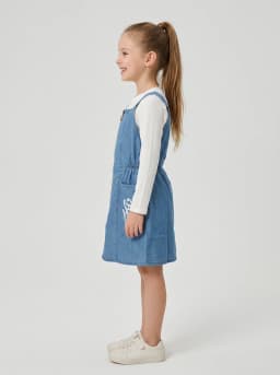 Girls Mid-Blue Washed Denim Pinafore Dress and White Ribbed Top Set