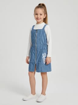 Girls Mid-Blue Washed Denim Pinafore Dress and White Ribbed Top Set