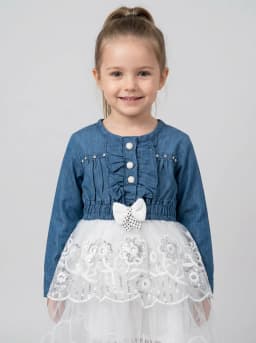 Girls Mid-Blue Denim and White Net Sequin Embroidered Party Dress