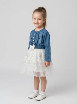 Girls Mid-Blue Denim and White Net Sequin Embroidered Party Dress