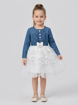 Girls Mid-Blue Denim and White Net Sequin Embroidered Party Dress