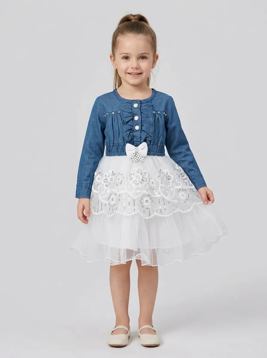 Girls Mid-Blue Denim and White Net Sequin Embroidered Party Dress