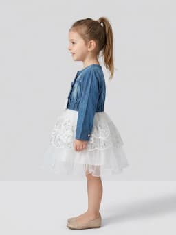 Girls Mid-Blue Denim and White Net Sequin Embroidered Party Dress
