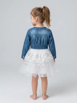 Girls Mid-Blue Denim and White Net Sequin Embroidered Party Dress
