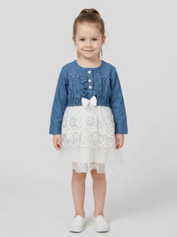 Girls Mid-Blue Denim and White Net Sequin Embroidered Party Dress