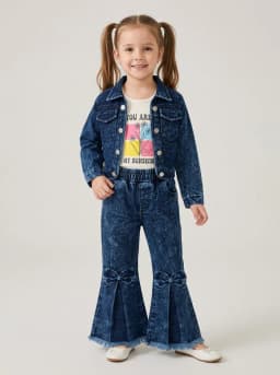Girls Dark Blue Acid Wash Denim Jacket, Graphic Top and Bow Flare Jeans Set