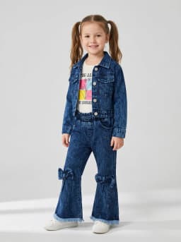 Girls Dark Blue Acid Wash Denim Jacket, Graphic Top and Bow Flare Jeans Set